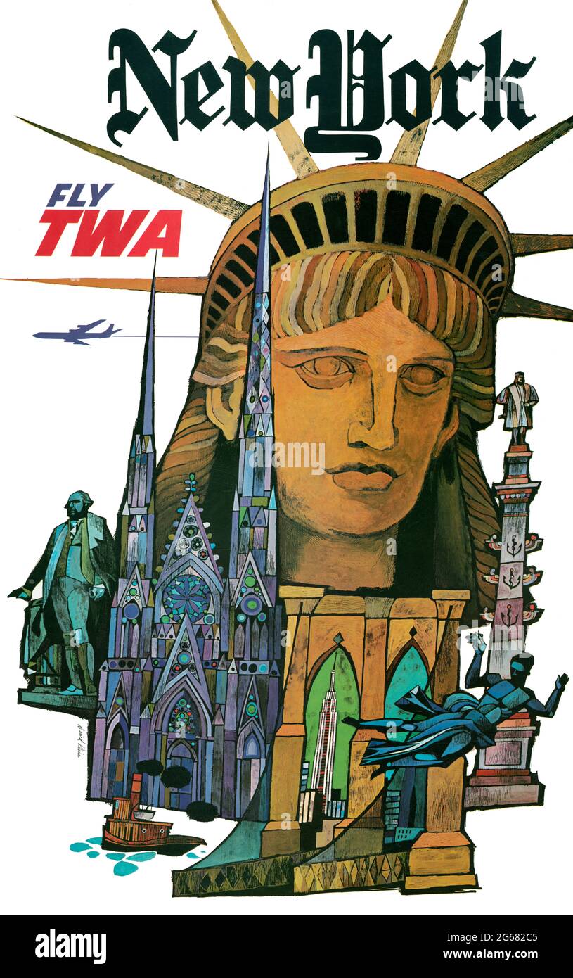 Fliegen Sie TWA, New York, Freiheitsstatue. Vintage Travel Poster, TWA – Trans World Airlines operierte von 1930 bis 2001. Künstler: David Klein, 1955. Stockfoto