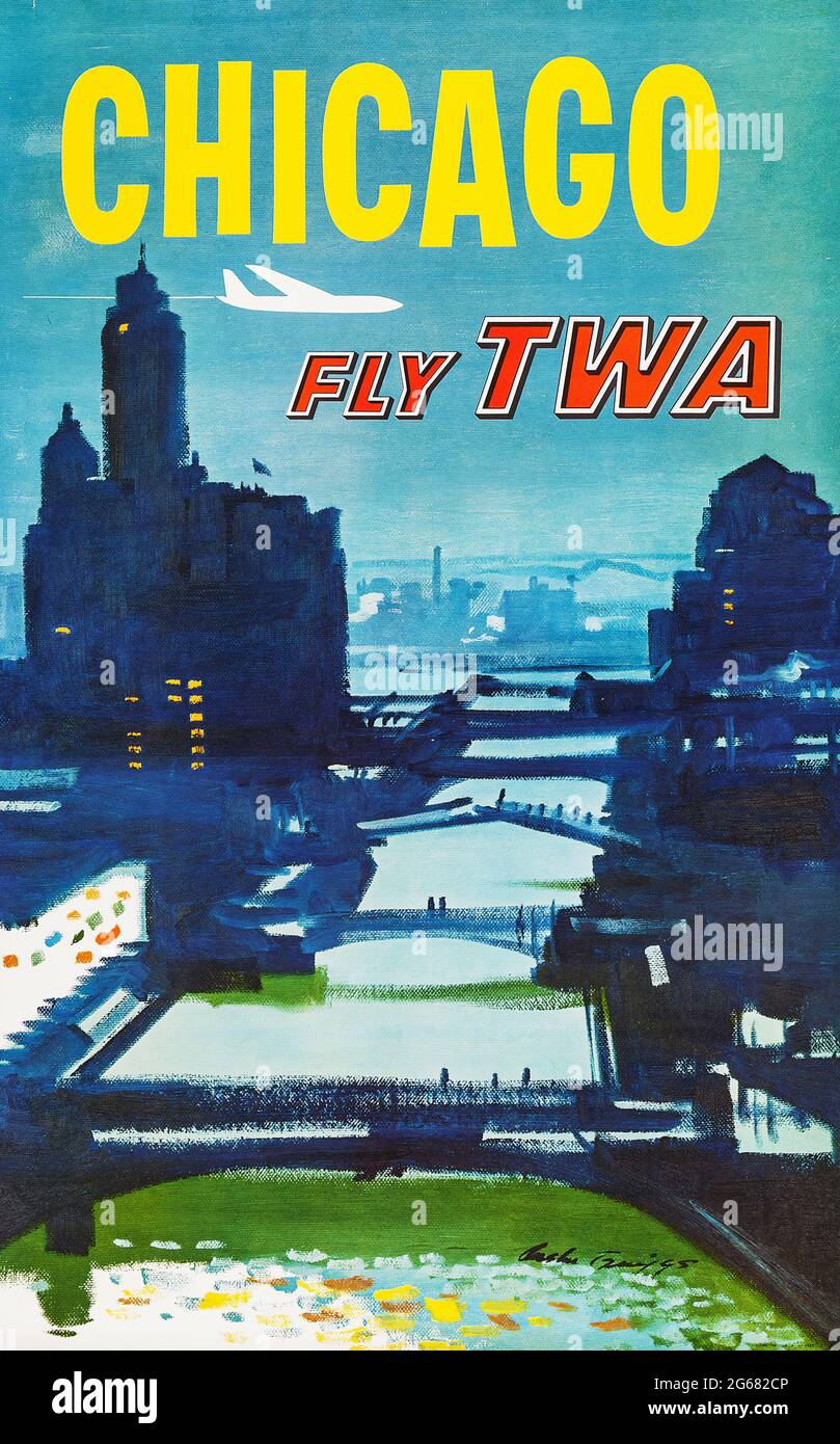 Fly TWA, Chicago, Vintage Travel Poster, TWA – Trans World Airlines operierte von 1930 bis 2001. Hochauflösendes Poster. Kunstwerke von Austin Briggs. Stockfoto