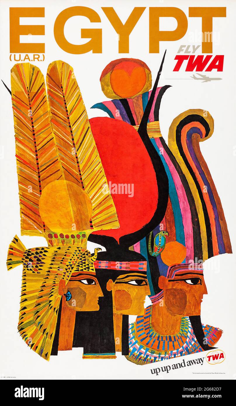 Fly TWA, Ägypten (U.A.R.) Vintage Travel Poster, TWA – Trans World Airlines operierte von 1930 bis 2001. David Klein Kunstwerk. Stockfoto