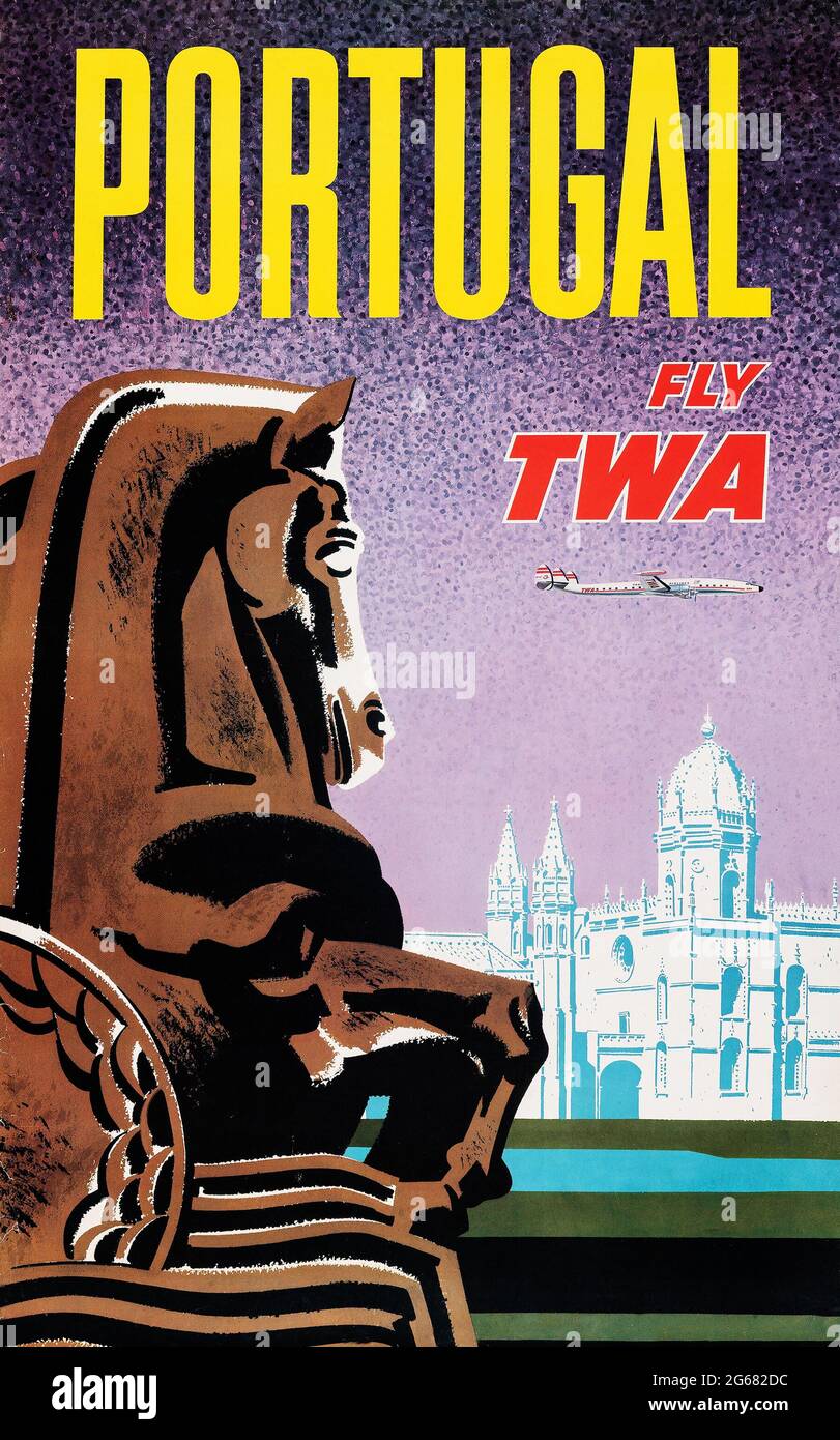 Fly TWA, Portugal, Vintage Travel Poster, TWA – Trans World Airlines operierte von 1930 bis 2001. Hochauflösendes Poster. David Klein 1958. Stockfoto