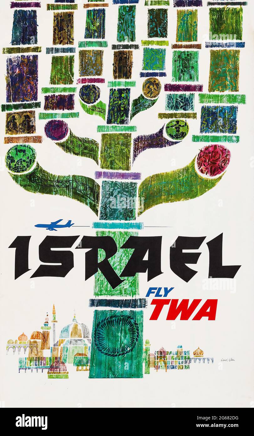 Fly TWA, Israel, Vintage Travel Poster, TWA – Trans World Airlines operierte von 1930 bis 2001. Hochauflösendes Poster. Stockfoto