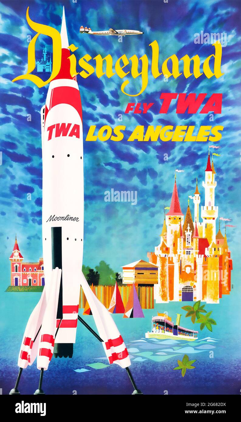 Fly TWA, Disneyland, Los Angeles, Vintage Travel Poster, TWA – Trans World Airlines operierte von 1930 bis 2001. David Klein, c 1955. Stockfoto