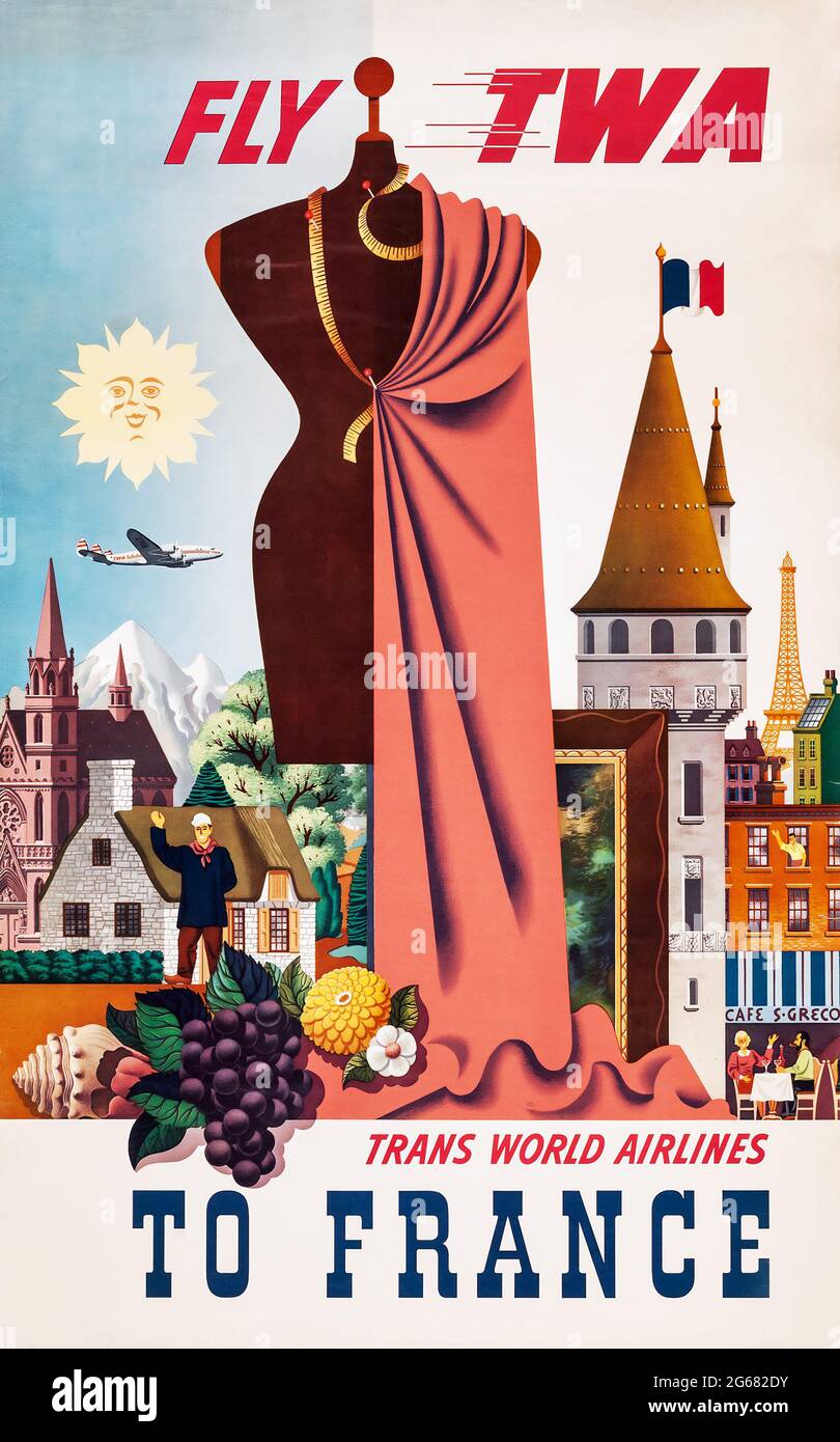 Fly TWA, Frankreich, Vintage Travel Poster, TWA – Trans World Airlines operierte von 1930 bis 2001. Hochauflösendes Poster. 1955 Stockfoto