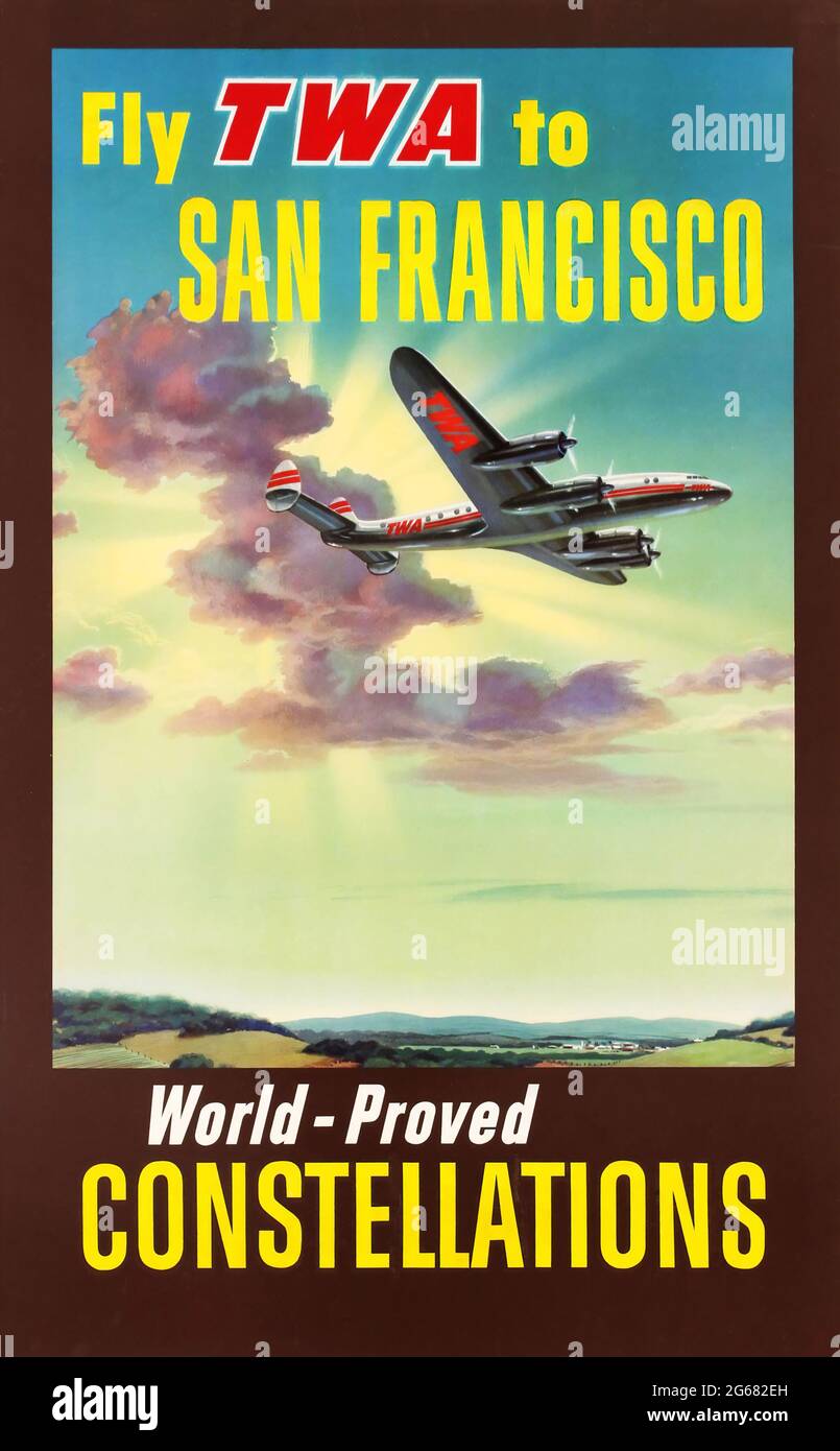 Fly TWA, San Francisco, Vintage Travel Poster, TWA – Trans World Airlines operierte von 1930 bis 2001. Hochauflösendes Poster. Stockfoto
