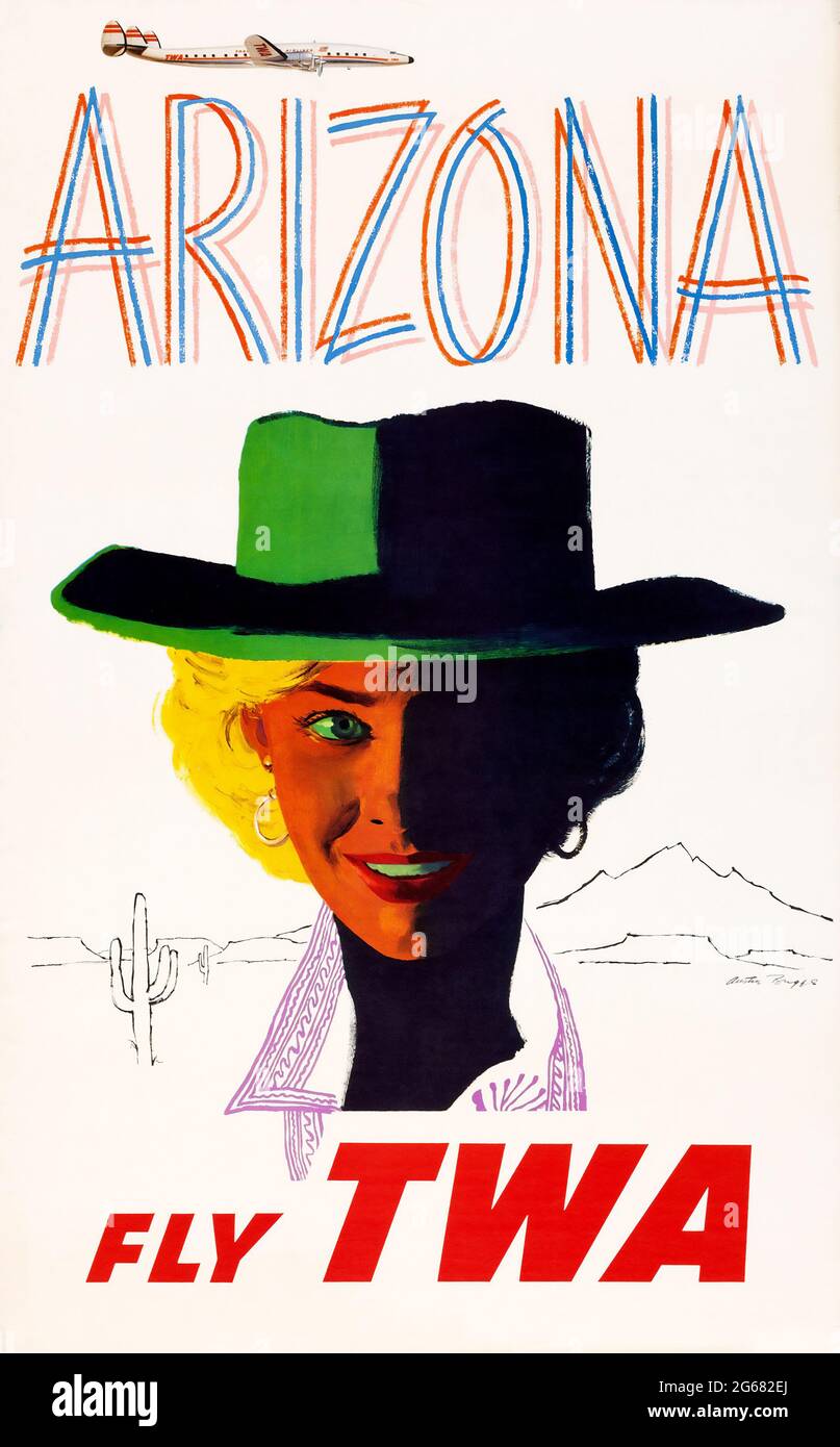 Fly TWA, Arizona, Vintage Travel Poster, TWA – Trans World Airlines operierte von 1930 bis 2001. Hochauflösendes Poster. Austin Briggs, 1955. Stockfoto