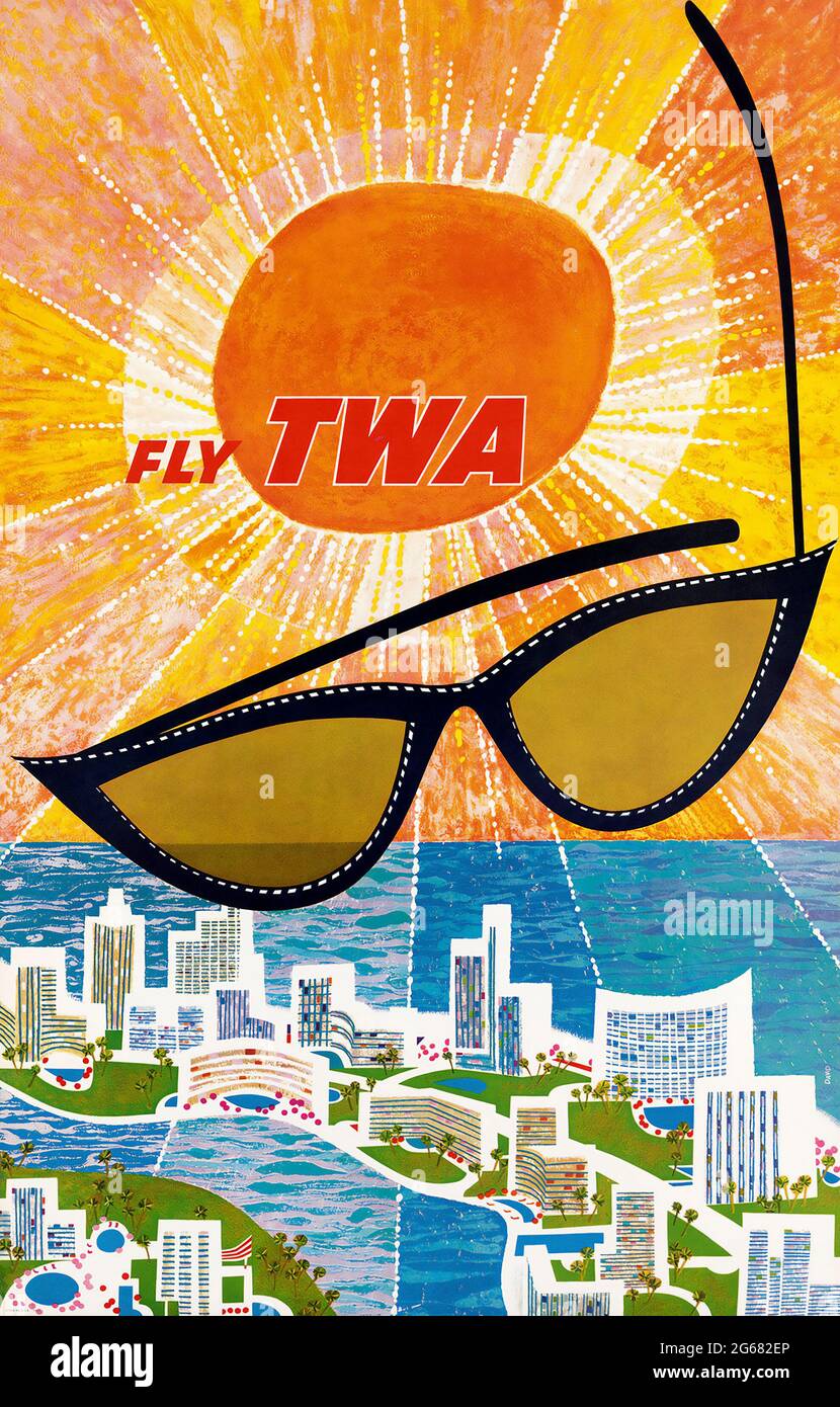 Fly TWA, Florida, Vintage Travel Poster, TWA – Trans World Airlines. Sonnenbrille. Hochauflösendes Poster. David Klein c 1960. Stockfoto
