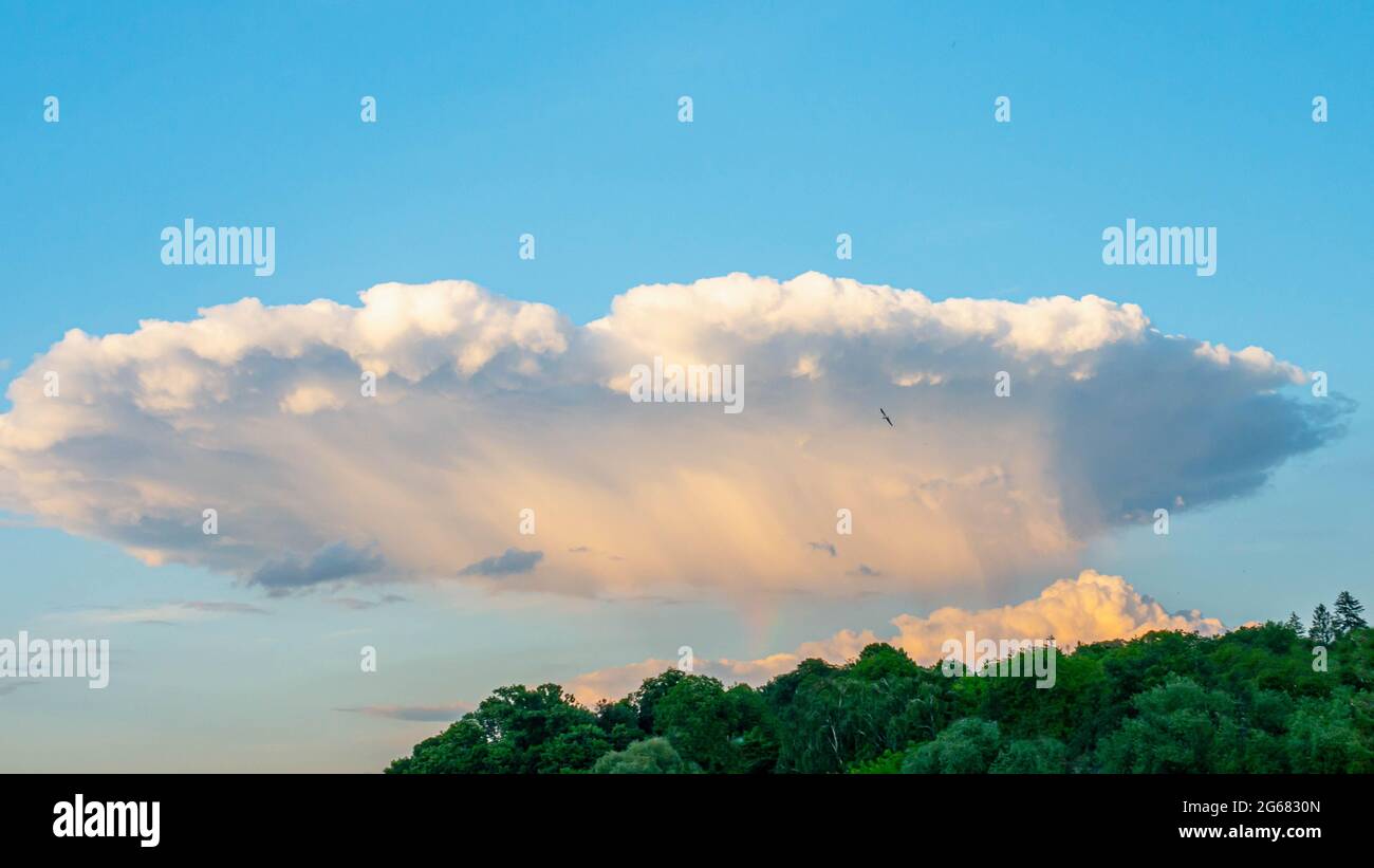 Mystische Wolken, Wolken in Form einer fremden Platte, schöner Himmelshintergrund mit weißen und flauschigen Wolken über dem Wald. Stockfoto