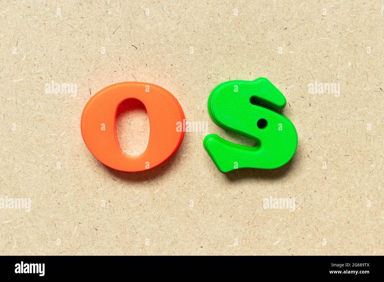 Kunststoff-Alphabet-Buchstabe in Wort OS (Abkürzung für Betriebssystem) auf Holzhintergrund Stockfoto