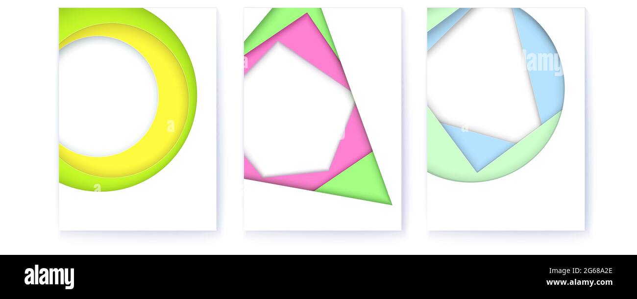 Setzen Sie Deckblätter mit einfachen geometrischen Formen ein. Mehrschichtiger abstrakter Hintergrund in Farbe. Vektor-3d-Illustration. Stock Vektor