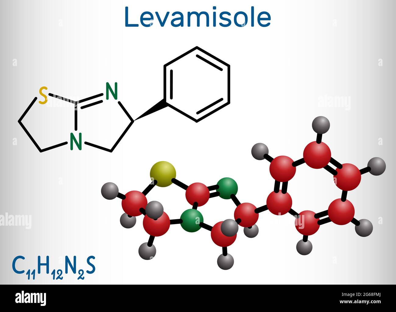 Levamisole-Molekül. Es ist ein Antihelminthikum zur Behandlung von parasitären, viralen, bakteriellen Infektionen. Strukturelle chemische Formel und Molekül Stock Vektor