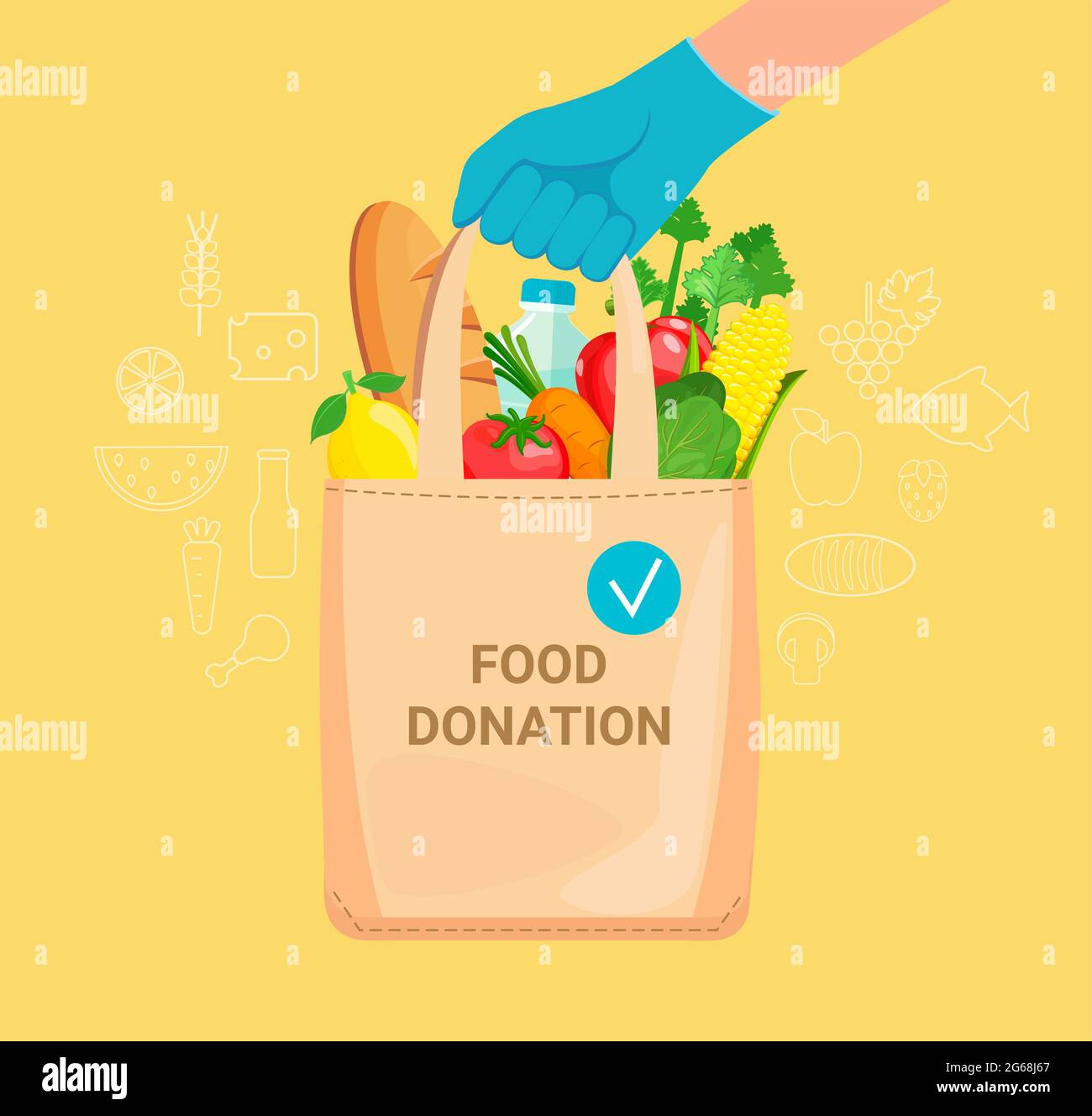 Hand in Handschuhe mit Beutel voller Spende Nahrung. Stock Vektor
