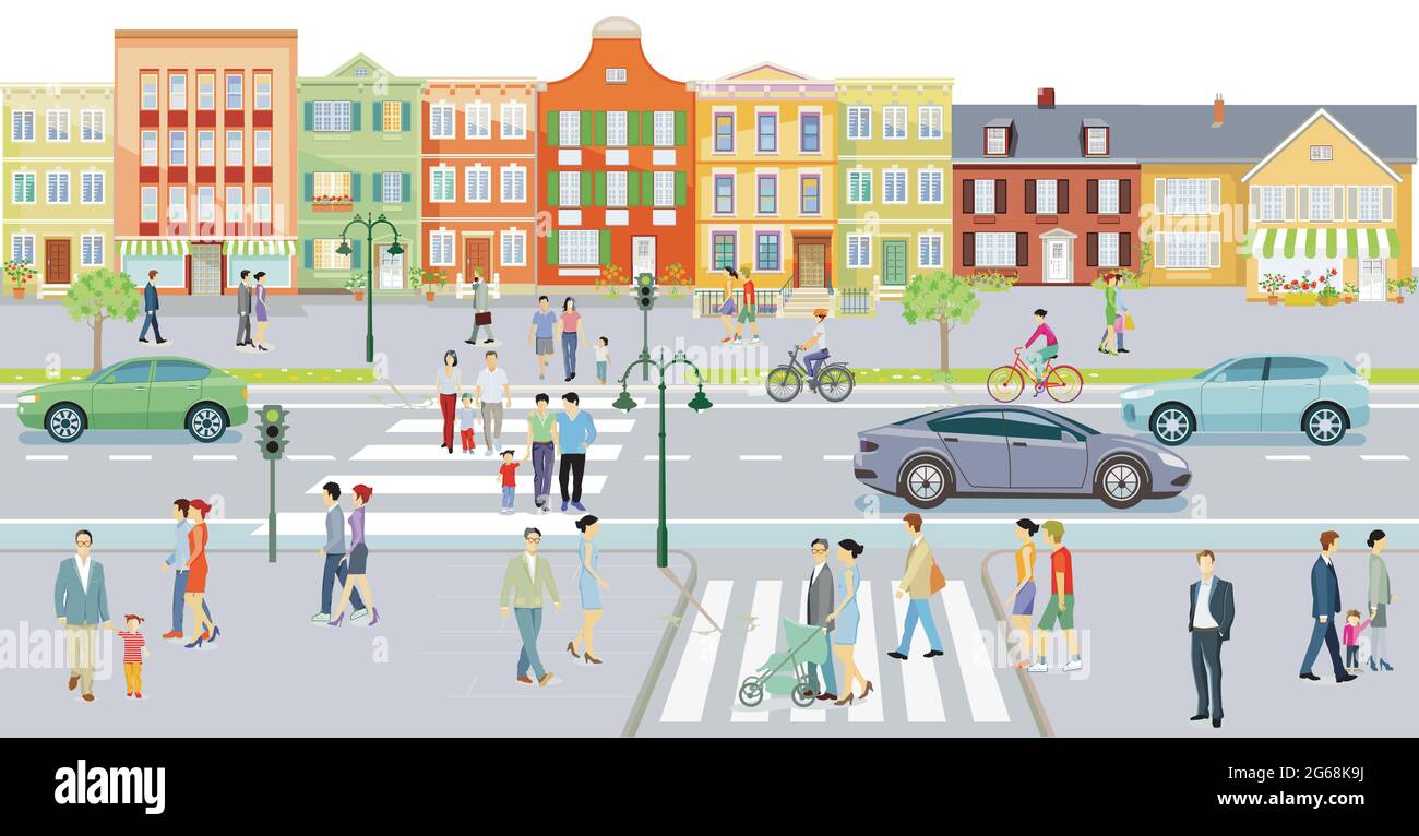 Stadt mit Häusern und Verkehr, Fußgänger auf dem Bürgersteig - Illustration Stock Vektor
