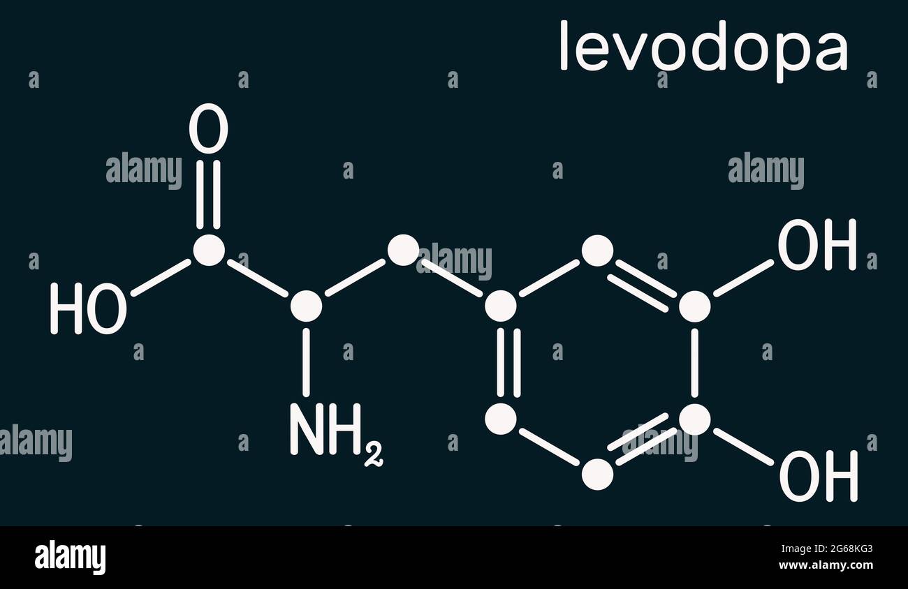 l-DOPA, Levodopa-Molekül. Es ist eine Aminosäure, wird verwendet, um Dopamin-Konzentrationen in der Behandlung der Parkinson-Krankheit zu erhöhen. Dunkelblauer Hinterteil Stockfoto