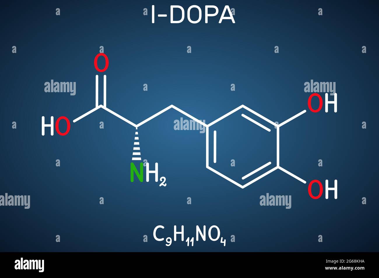 l-DOPA, Levodopa-Molekül. Es ist eine Aminosäure, wird verwendet, um Dopamin-Konzentrationen in der Behandlung der Parkinson-Krankheit zu erhöhen. Dunkelblauer Hinterteil Stock Vektor