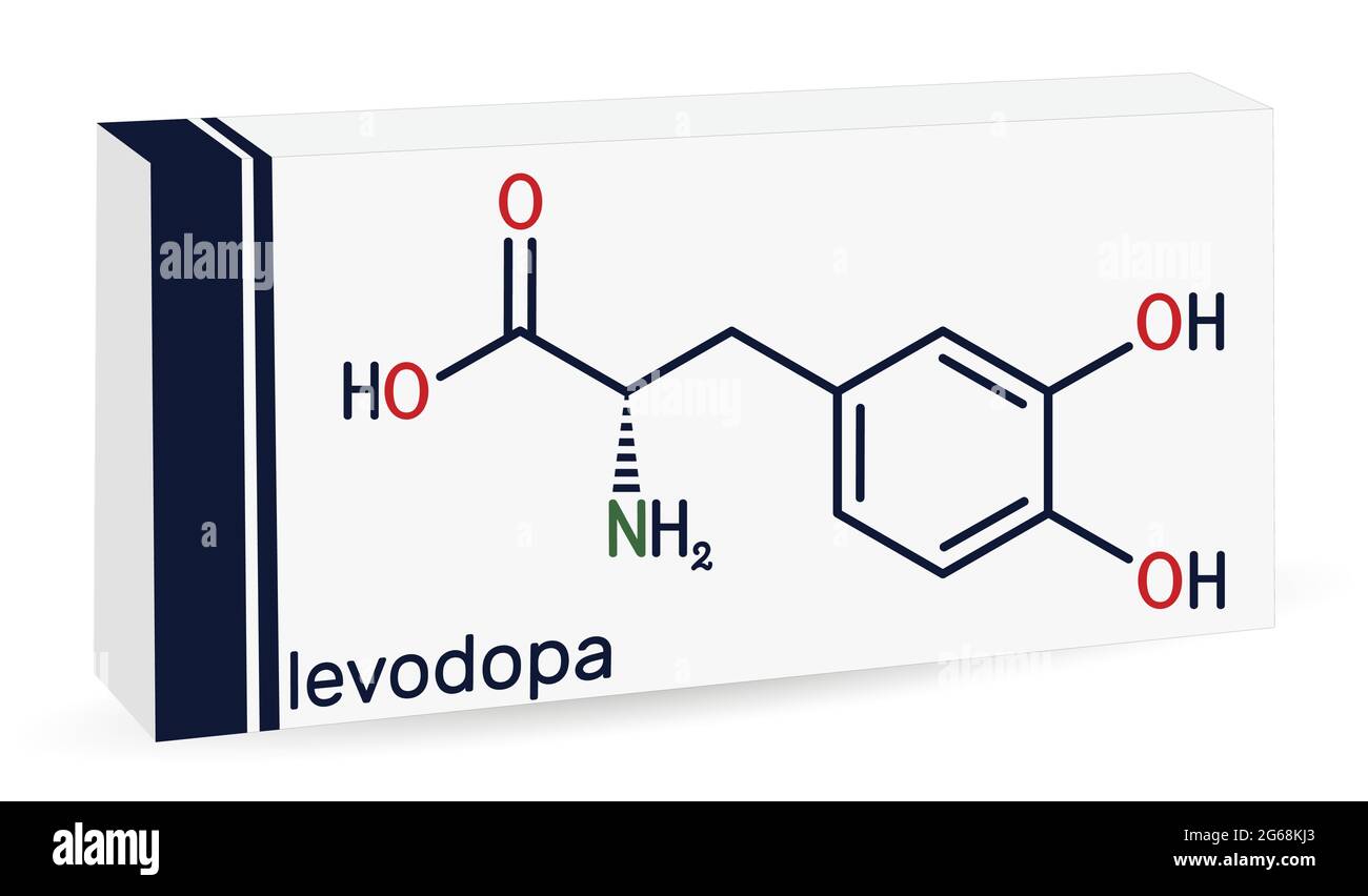 l-DOPA, Levodopa-Molekül. Es ist eine Aminosäure, wird verwendet, um Dopamin-Konzentrationen in der Behandlung der Parkinson-Krankheit zu erhöhen. Papierverpackung f Stock Vektor