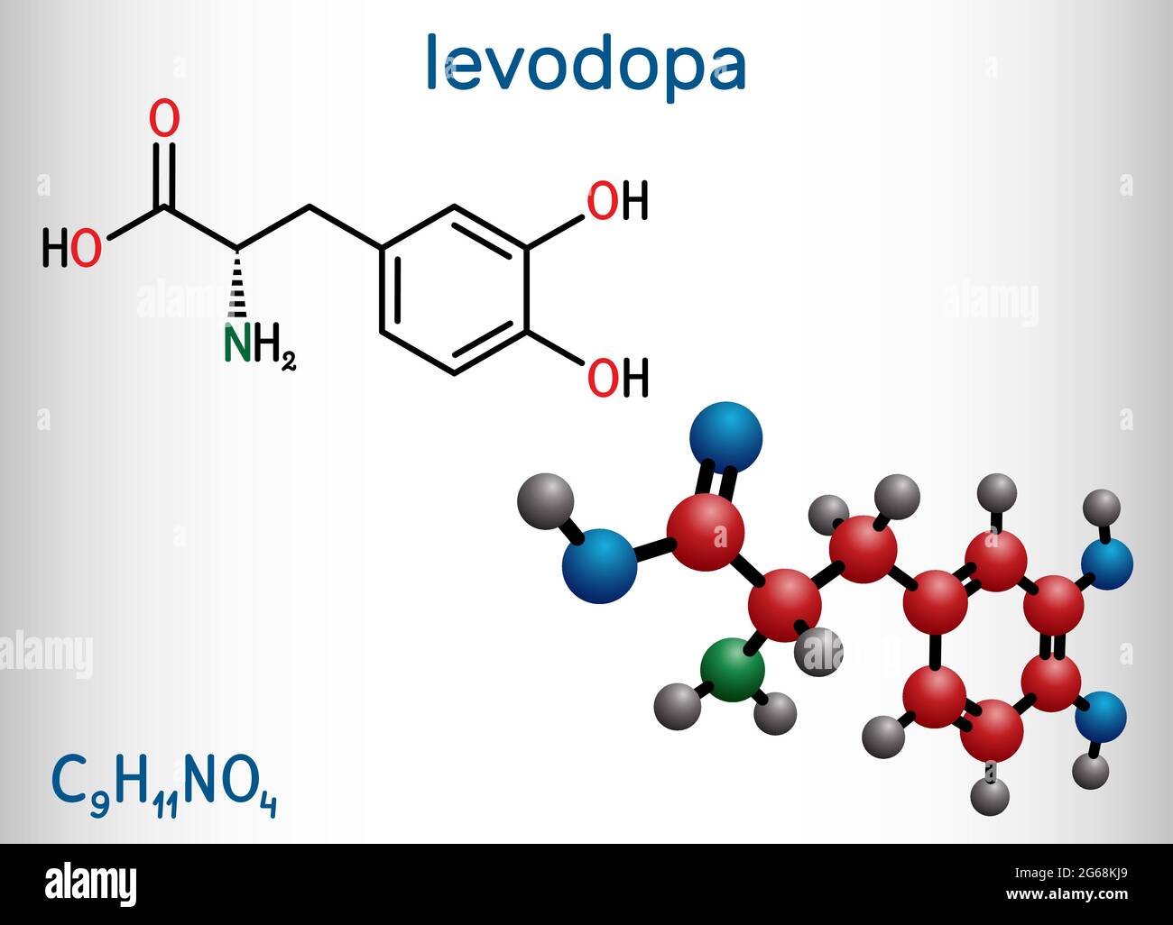 l-DOPA, Levodopa-Molekül. Es ist eine Aminosäure, wird verwendet, um Dopamin-Konzentrationen in der Behandlung der Parkinson-Krankheit zu erhöhen. Strukturelle Chemie Stock Vektor
