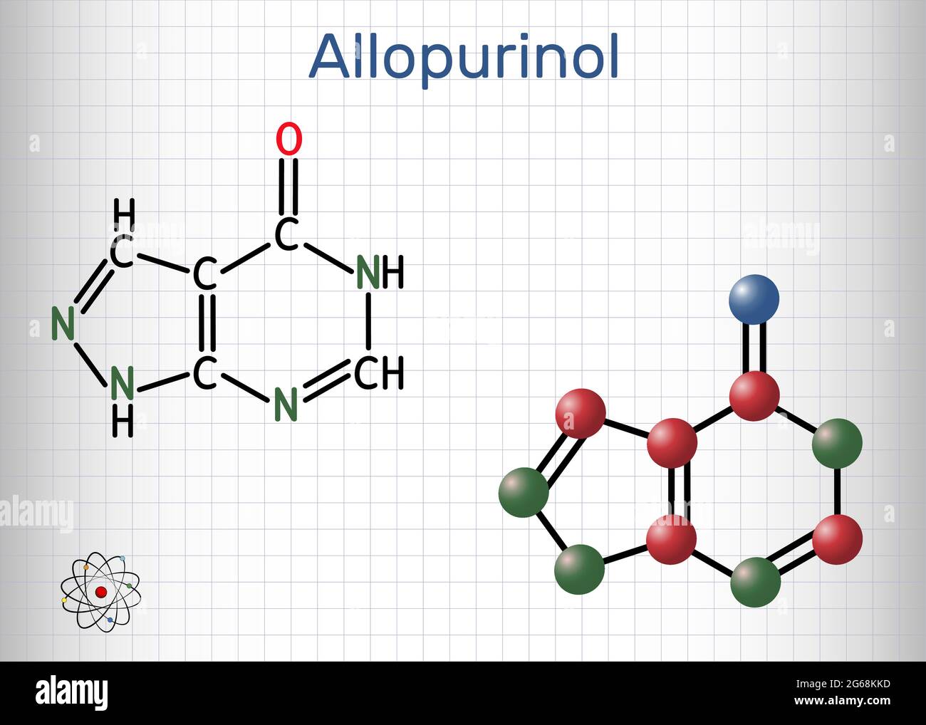 Allopurinol-Molekül. Das Medikament ist ein Xanthinoxidase-Hemmer, der verwendet wird, um hohe Harnsäurespiegel im Blut zu senken. Blatt Papier in einem Käfig. Vektorgrafik Stock Vektor