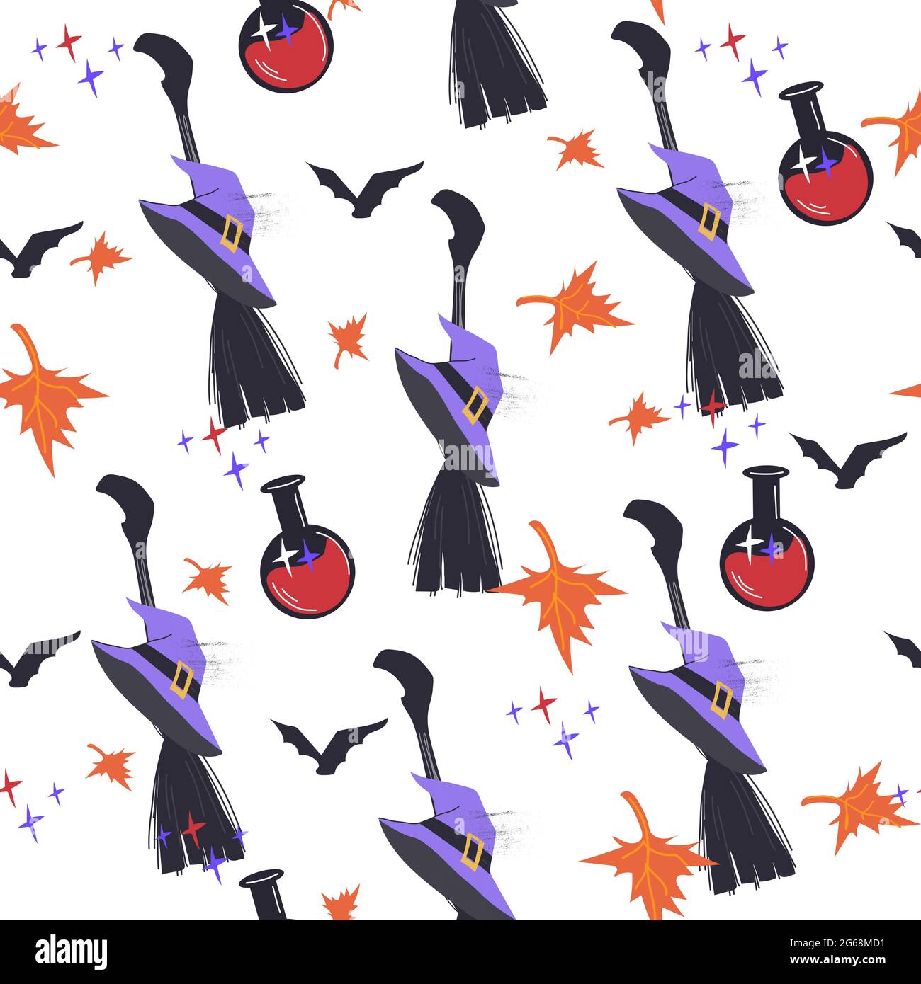 Halloween Nahtloses Muster Mit Hexenbesen Tranenflaschen Und Hut Zwischen Herbstblattern Flache Cartoon Vektor Illustration Auf Weissem Hintergrund Repeata Stock Vektorgrafik Alamy
