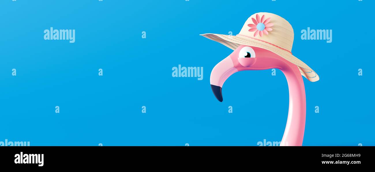 Lustige rosa Flamingo mit Hut auf blauem Hintergrund. 3D-Rendering 3D-Illustration Stockfoto