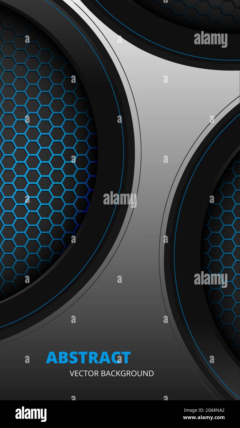 Futuristischer abstrakter grauer und blauer vertikaler Vektor-Hintergrund mit Sechskant-Kohlefaser. Dunkler abstrakter 3D-Hintergrund mit Wabenraster und Blau Stock Vektor