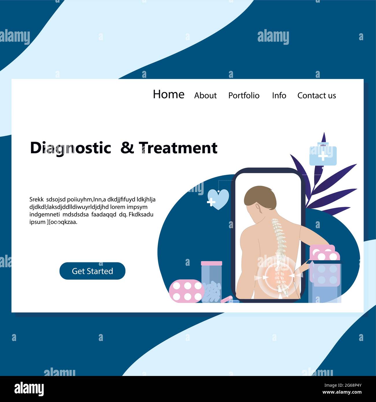 Zielseite zur Online-Alternativtherapie, die behandelt werden soll. Arzt selbst für Wirbelsäule und Rückenschmerzen, Osteopath Chiropraktiker onlne Smartphone verwenden. Stock Vektor