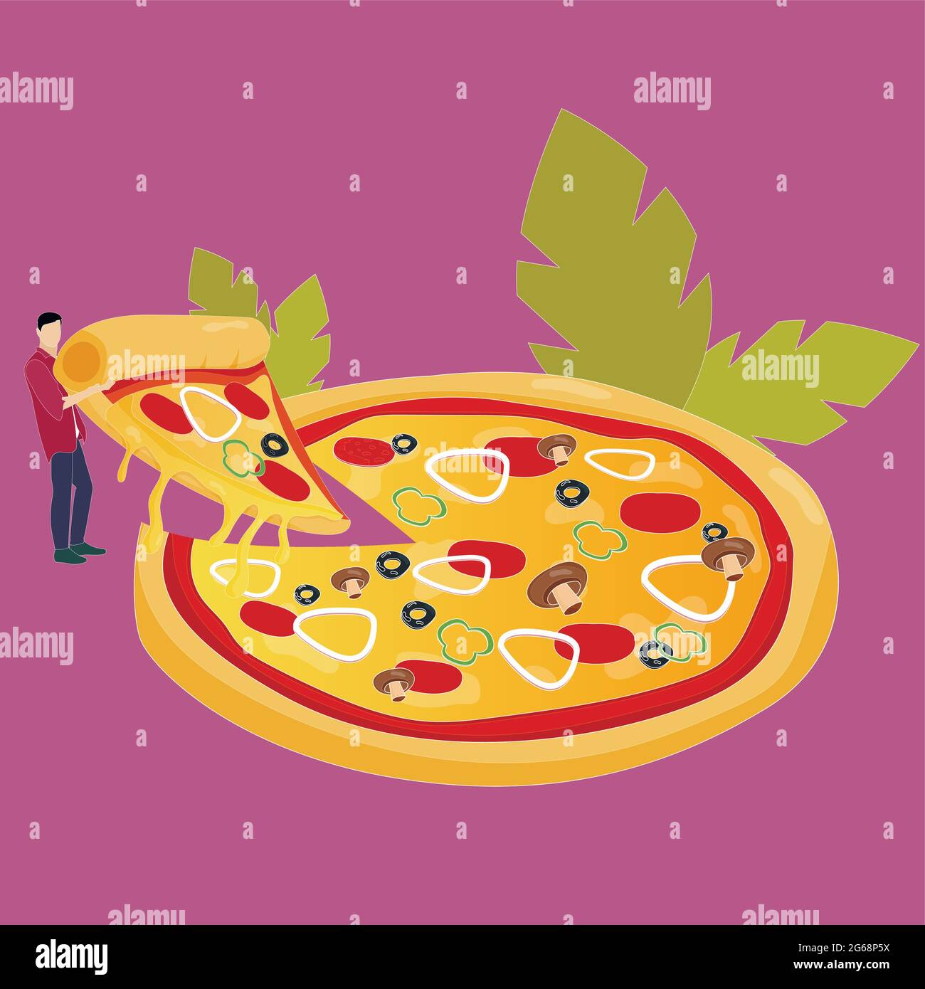 Pizza in Scheiben schneiden, ein Stück italienische traditionelle Mahlzeit schneiden. Cartoon Restaurant Bild-Design, originelle Küche pepperoni, Mann essen mit Freizeit, Portion b Stock Vektor