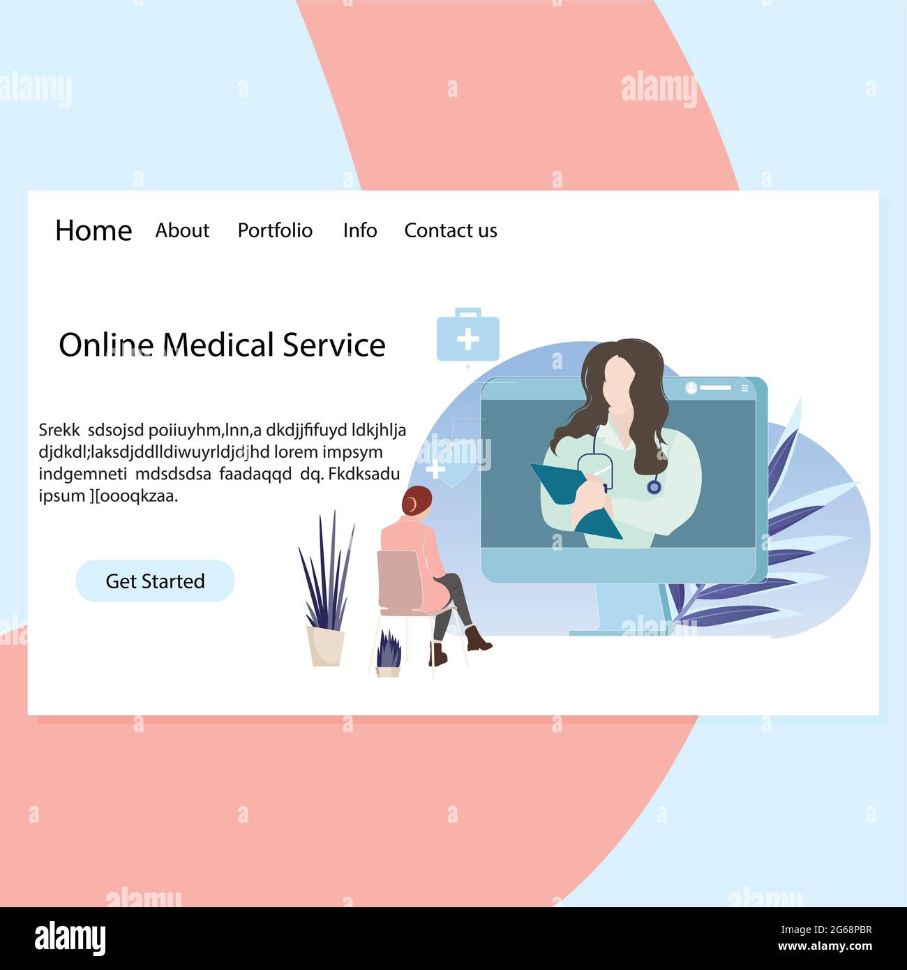 Online-Landing-Page für medizinische Dienste zur Fernberatung bei Diagnose und Behandlung. Gesunde Arbeit Remote und geben Rezept, digitale Arzt verwenden mod Stock Vektor