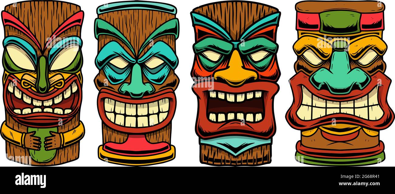 Set der Illustration des Tiki Idols. Gestaltungselement für Logo, Etikett, Schild, Plakat. Vektorgrafik Stock Vektor