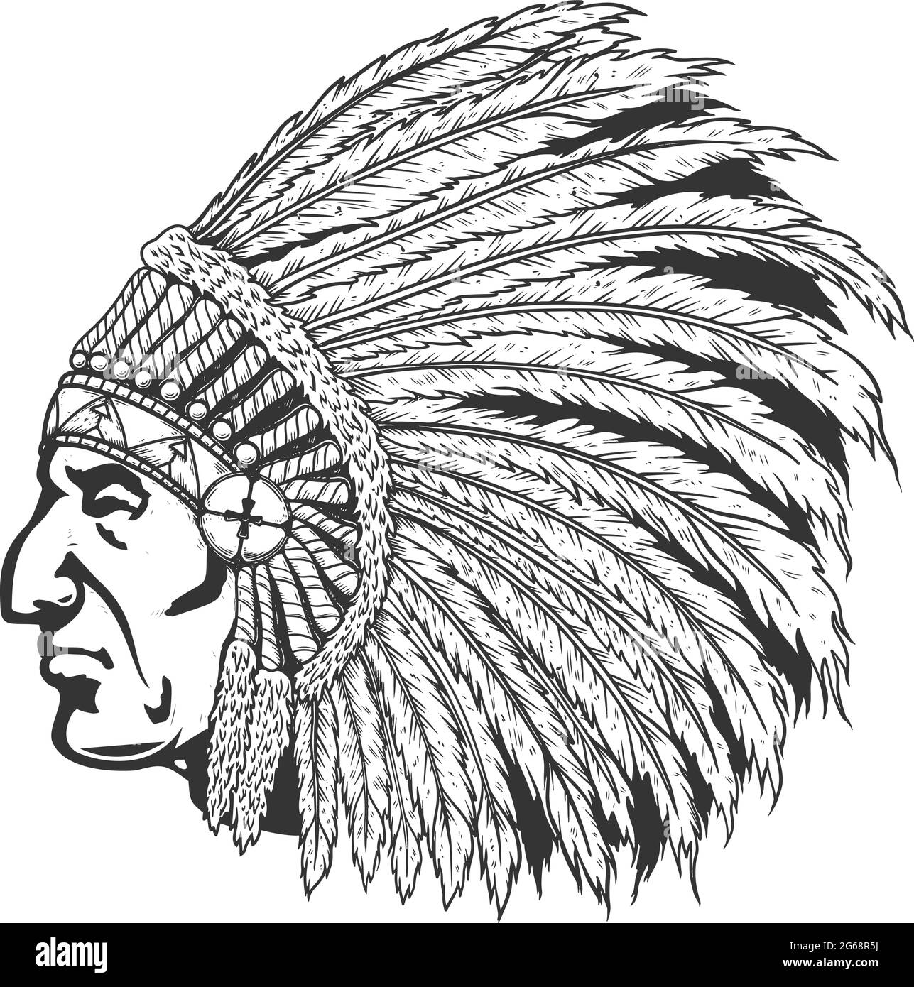 Illustration des amerikanischen Chefkopfes in traditionellem Kopfschmuck. Gestaltungselement für Logo, Etikett, Schild, Emblem, Plakat. Vektorgrafik Stock Vektor