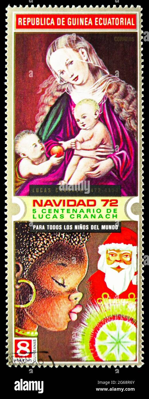MOSKAU, RUSSLAND - 16. DEZEMBER 2020: Briefmarke gedruckt in Äquatorialguinea zeigt Gemälde von Lucas Cranach, Weihnachtsserie, 8 Äquatorialguinea Stockfoto