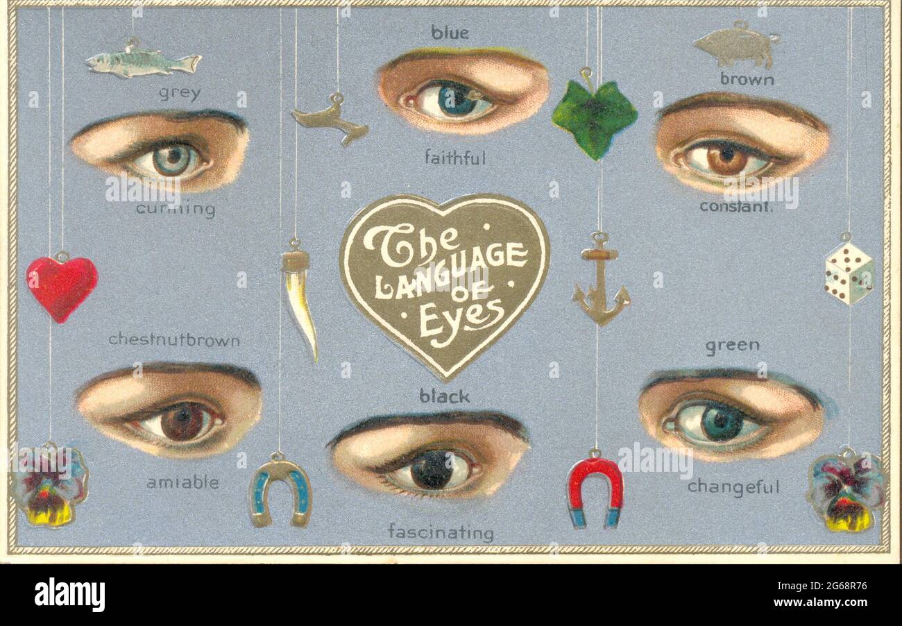 Chromolithographierte, geprägte Postkarte die Sprache der Augen, die auf die Persönlichkeit hinweist, dargestellt durch Augenfarbe um 1905 Stockfoto