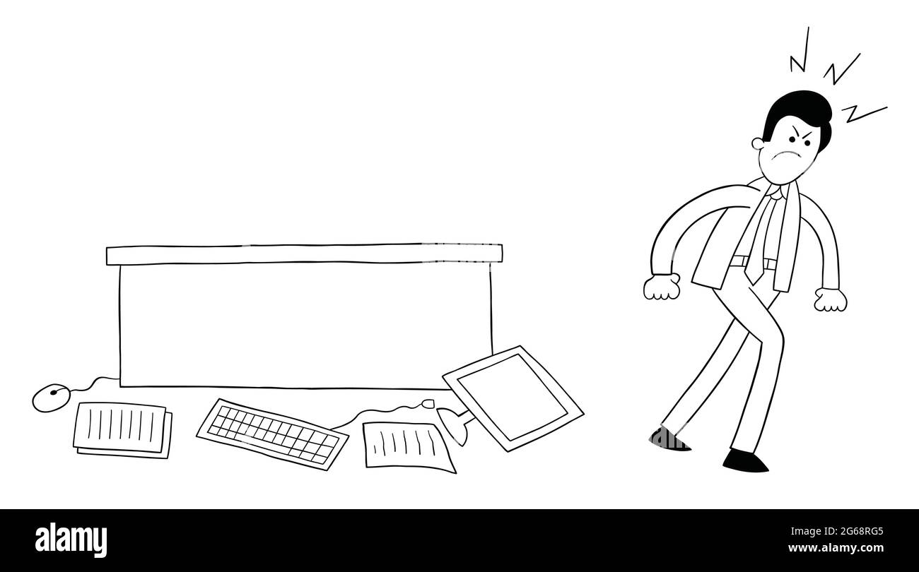 Cartoon Geschäftsmann sehr wütend, warf den Computer und die Papiere auf dem Tisch auf den Boden, Vektor-Illustration. Schwarz umrandet und weiß gefärbt. Stock Vektor