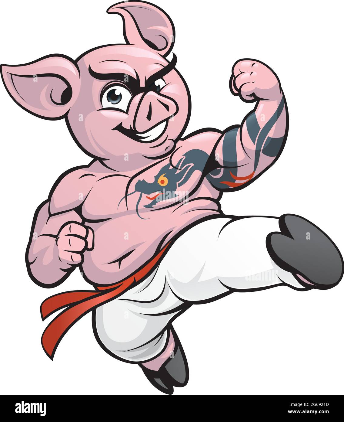 Cartoon-Illustration eines Schwein Karate Kämpfer , tun einen fliegenden Kick Stock Vektor