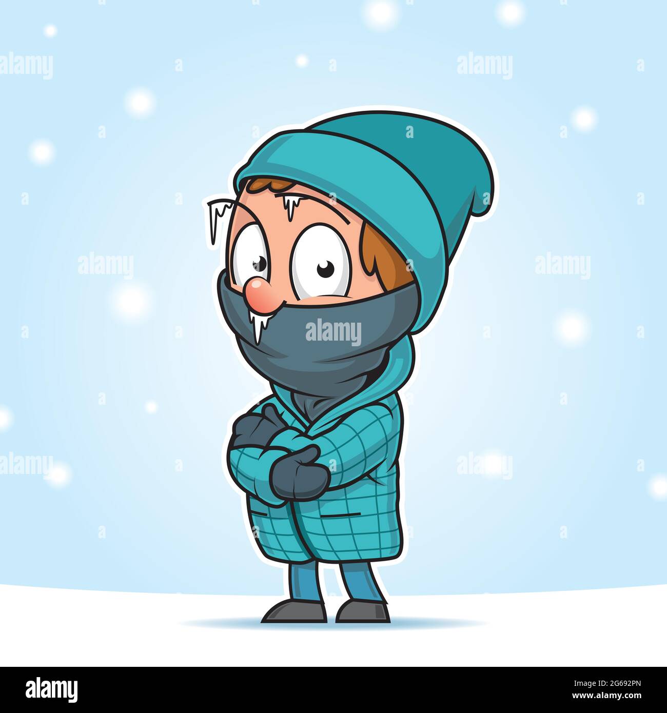 Cartoon-Illustration eines Mannes in der Mitte eines Schneefalls, immer kalt Stock Vektor