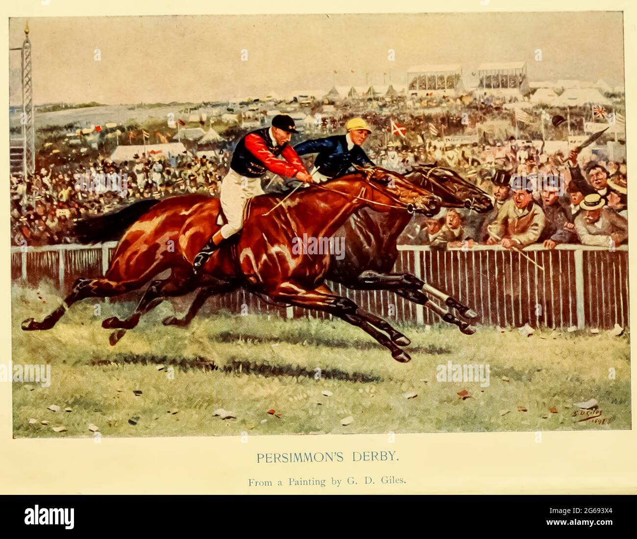 Persimmons Derby. Aus einem Gemälde von G. D. Giles Frontispice [Persimmon (1893–1908) war ein britisches Vollblut-Rennpferd und -Vater. In einer Rennkarriere, die von Juni 1895 bis Juli 1897 dauerte, lief er neun Mal und gewann sieben Rennen. Zu seinen Siegen gehörte das Epsom Derby von 1896 aus dem Buch „English Sport“ von Alfred Edward Thomas Watson, herausgegeben in London von Macmillan and Co. Limited und in New York von Macmillan Company. Im Jahr 1903 Stockfoto