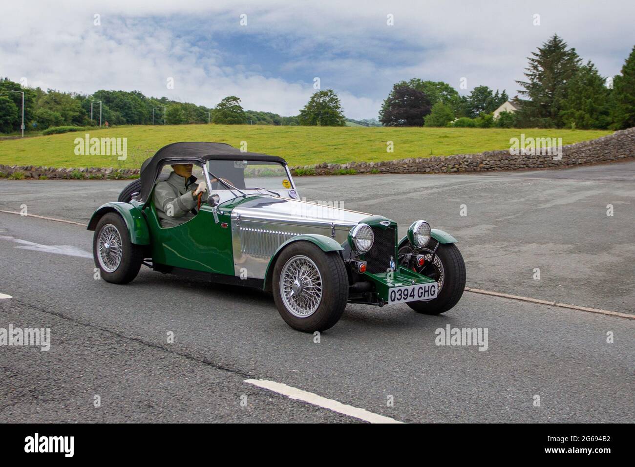 1989 80s Achtziger Vincent MPH Riley-inspirierter grüner Einsitzer Rag Top Dwornik Engineering. 1298cc Benzin; handgefertigte Fahrzeuge, Inspirational Vintage, Veteran & Classic Sportwagen Kits, Replik, Kit car, Kit cars, Amateurwagen, Nachbildungen von Dwornik Engineering in Oxford UK Stockfoto