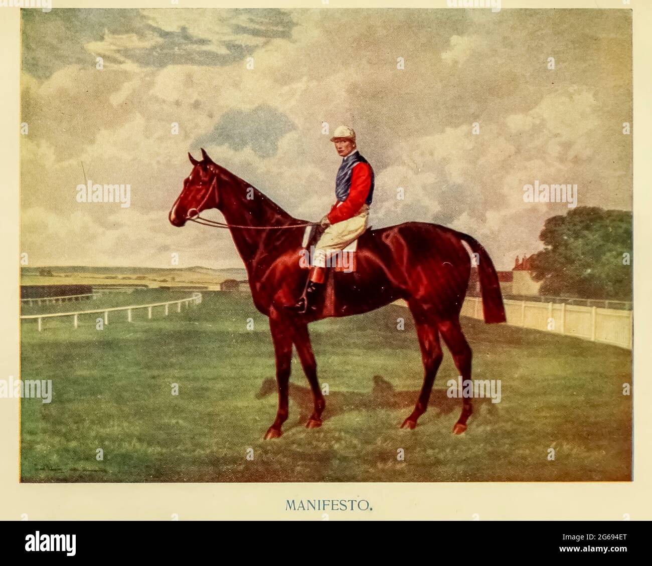 Manifesto [Manifesto (foaled 1888) war ein britisches National Hunt Rennpferd, das am besten dafür bekannt war, den Aintree Grand National zweimal zu gewinnen und im Rennen achtmal einen Rekord zu bestreiten. Er war maßgeblich an der Wiederherstellung des Prestiges und der Popularität des Grand National beteiligt, da das Rennen in den vergangenen Jahren durch Korruption getrübt worden war]. Aus dem Buch "English Sport" von Alfred Edward Thomas Watson, herausgegeben in London von Macmillan and Co. Limited und in New York von Macmillan Company. Im Jahr 1903 Stockfoto