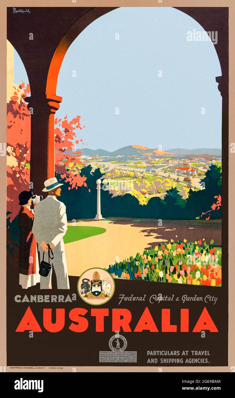 „Canberra, Australia Federal Capital and Garden City“, Tourismusposter 1934, herausgegeben von der Australian National Travel Association, entworfen von James Northfield (1887-1973). Kredit: Privatsammlung / AF Fotografie Stockfoto