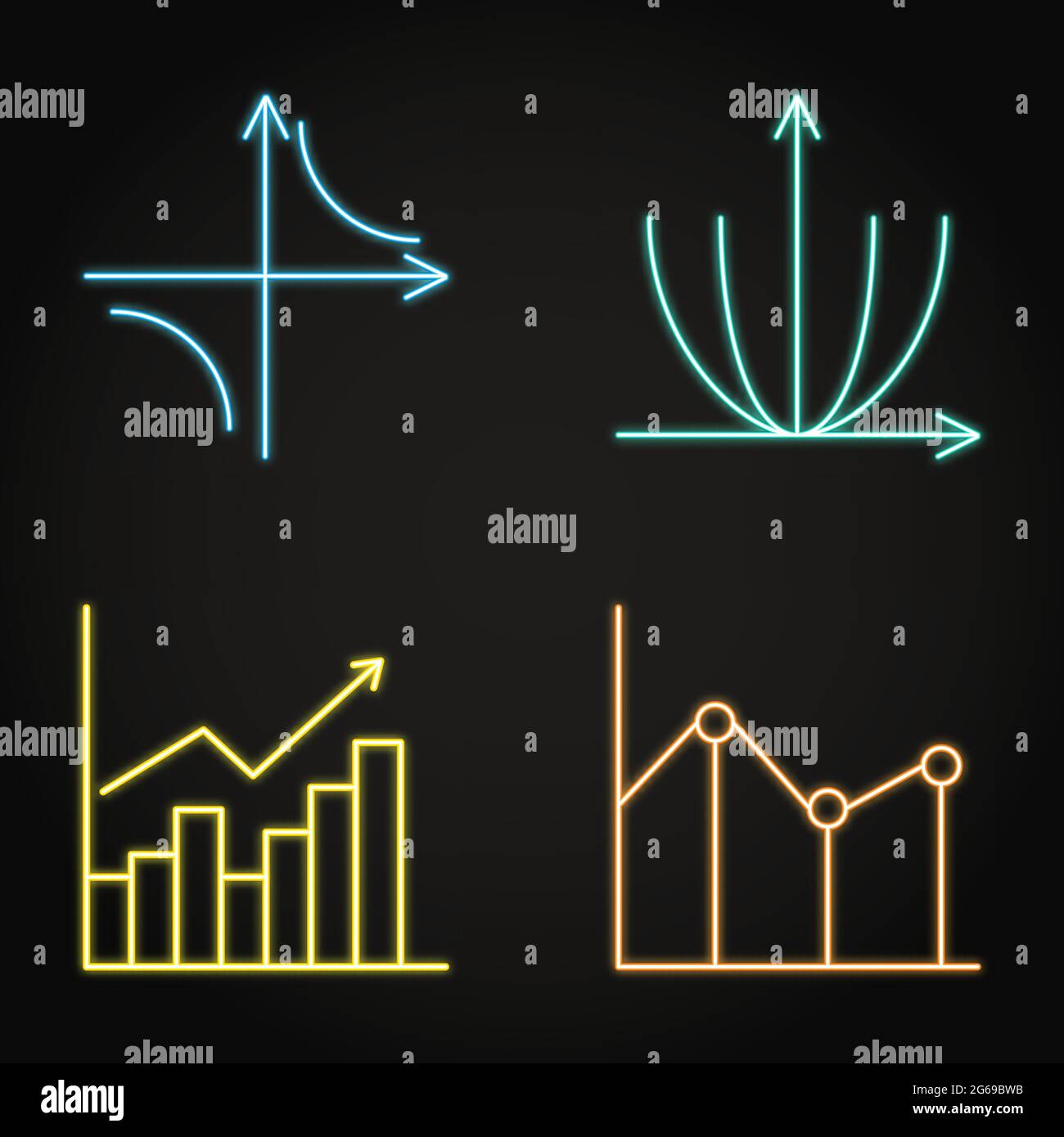 Neon-Symbole für Mathematik im Linienstil. Funktionen und Kurven, Diagramme und Diagramme. Vektorgrafik. Stock Vektor