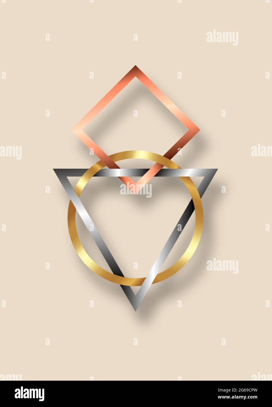 Heilige Geometrie, geometrisches Metallic-Dreieck, Kreis- und Quadrat-Logo. Gold, Bronze und Silber Symbol für Harmonie und Balance. Vektor isoliert Stock Vektor