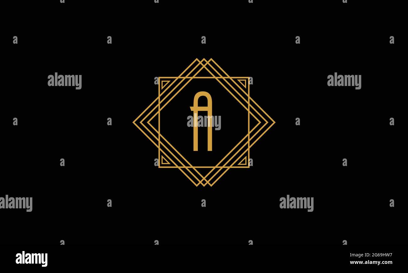 Buchstabe EIN minimalistisches Art-Deco-Logo in Goldfarbe isoliert auf schwarzem Hintergrund mit quadratischem Rahmen Stock Vektor