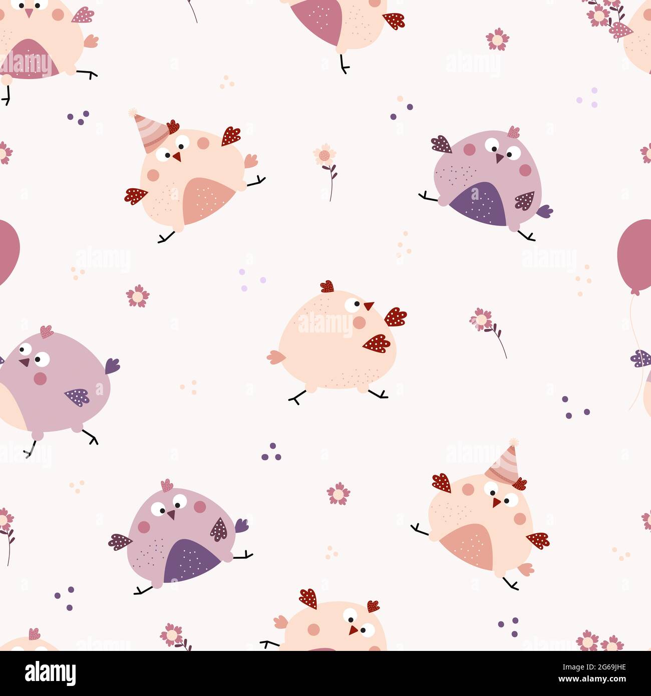 Nahtlose Muster. Lustige niedliche Vögel - ein Junge Küken und ein Mädchen Henne auf einem hellen Hintergrund mit Blumen. Vektor-Illustration für Kinder Kollektion, Design Stock Vektor