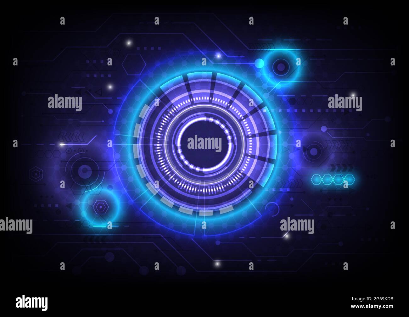 Leiterplatte. Futuristisches Hologramm Sci-Fi glühender HUD-Kreis. Abstrakter Hi-Tech-Hintergrund. Head-up-Display-Schnittstelle. Virtual-Reality-Technologie Stock Vektor