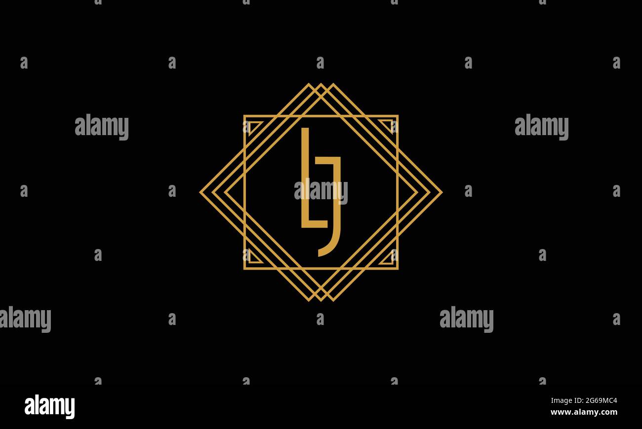 Verbindungsgelenk Buchstaben L und J minimalistisches Art-Deco-Logo in Goldfarbe isoliert auf schwarzem Hintergrund mit quadratischem Rahmen Stock Vektor