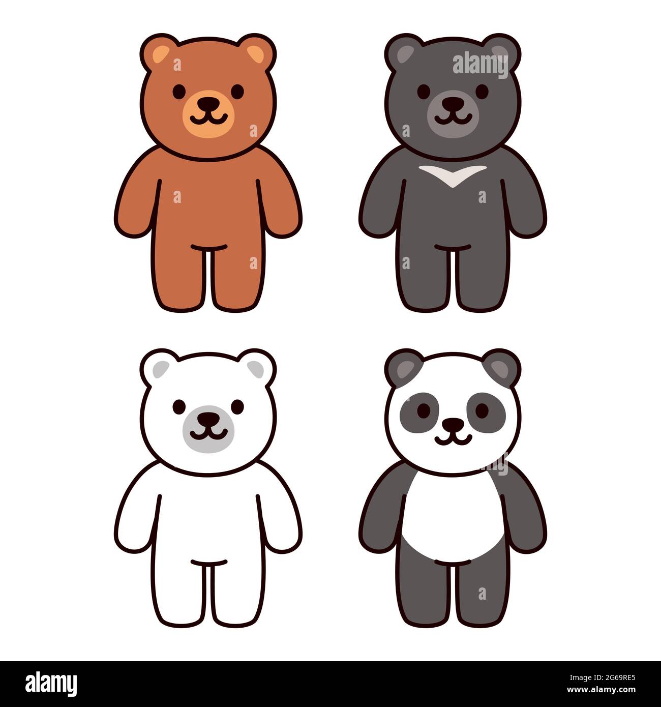 Niedliche Cartoon-Bären Set: Braun, schwarz, weiß und Pandabär. Kawaii-Zeichenvektordarstellung. Stock Vektor