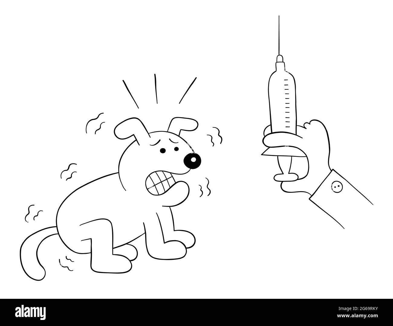 Cartoon Hund ist erschrocken, wenn es die Spritze in der Hand des Tierarztes sieht, Vektor-Illustration. Schwarz umrandet und weiß gefärbt. Stock Vektor