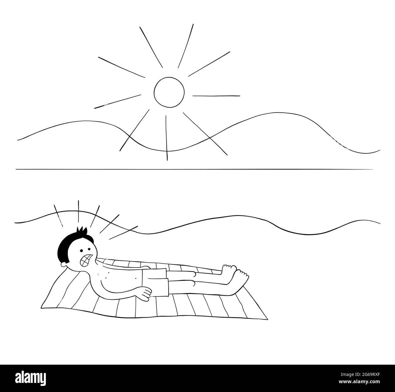 Cartoon Mann Sonnenbaden am Strand für Stunden und wenn er aufwacht seinen ganzen Körper ist rot Vektor Illustration verbrannt. Schwarz umrandet und weiß gefärbt. Stock Vektor
