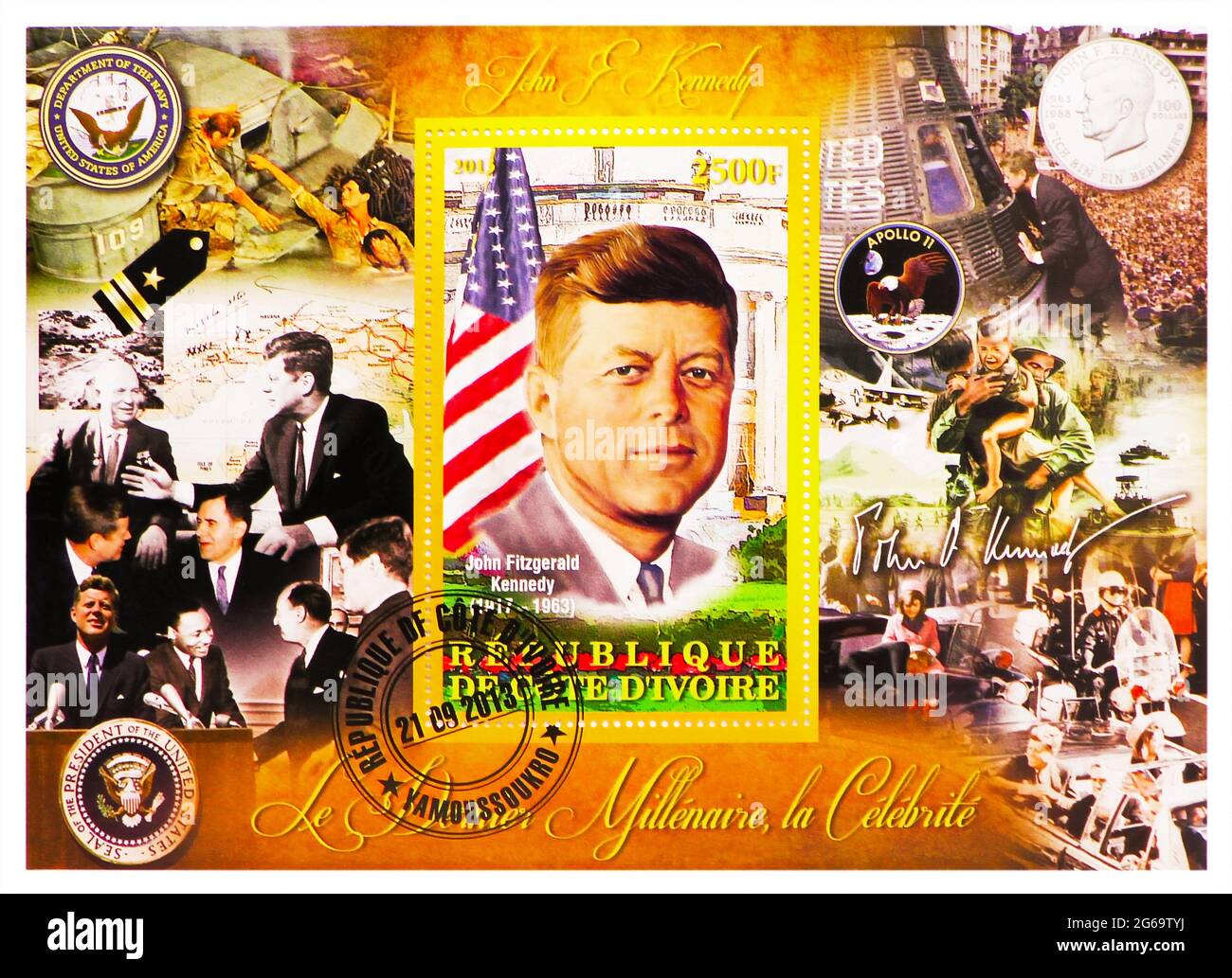 MOSKAU, RUSSLAND - 28. MÄRZ 2020: Die in der Elfenbeinküste gedruckte Briefmarke zeigt Block: John Fitzgerald Kennedy (1917-1963), Serie, um 2013 Stockfoto