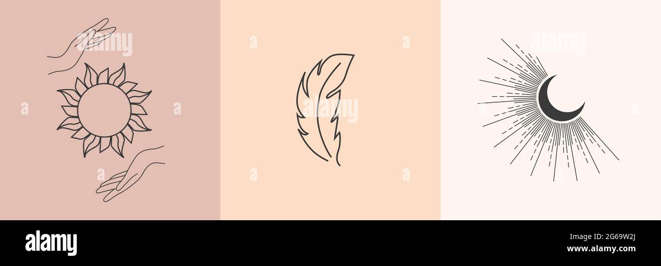 Sammlung von Hexen und Magie Boho mit Hand, Kristallkugel, Mond, Sonne, Schädel, Feder, böses Auge, dreifaltigkeit Stock Vektor