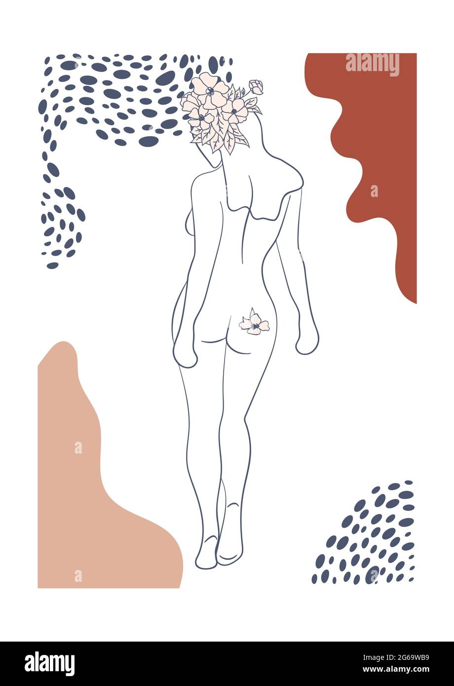 Silhouette einer Frau, weiblicher Körper, körperpositiv, kosmetisches Konzept mit Blumen, trendy beige, Schablone Stock Vektor